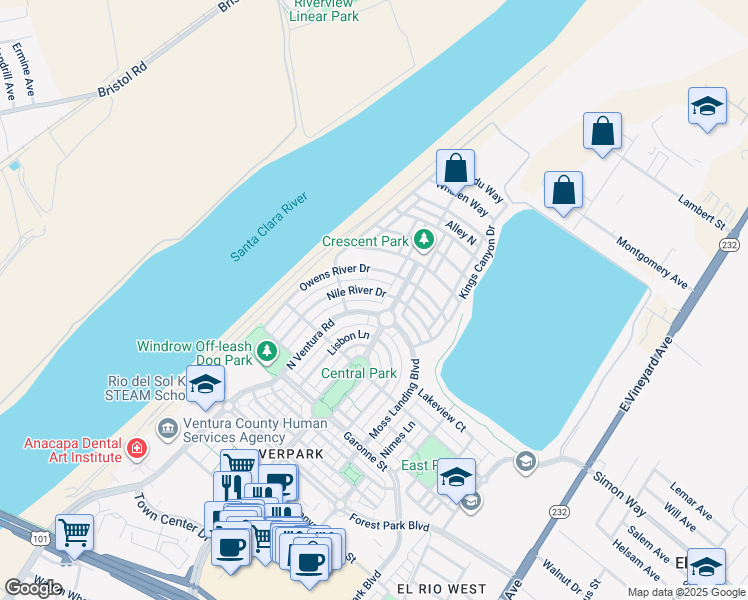 map of restaurants, bars, coffee shops, grocery stores, and more near 674 Nile River Drive in Oxnard