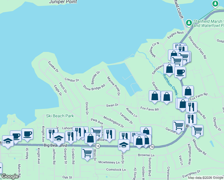map of restaurants, bars, coffee shops, grocery stores, and more near 113 Meadow View Drive in Big Bear Lake