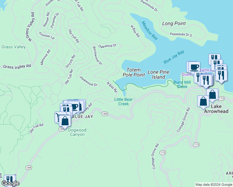 map of restaurants, bars, coffee shops, grocery stores, and more near 17150 North Bay Road in Lake Arrowhead