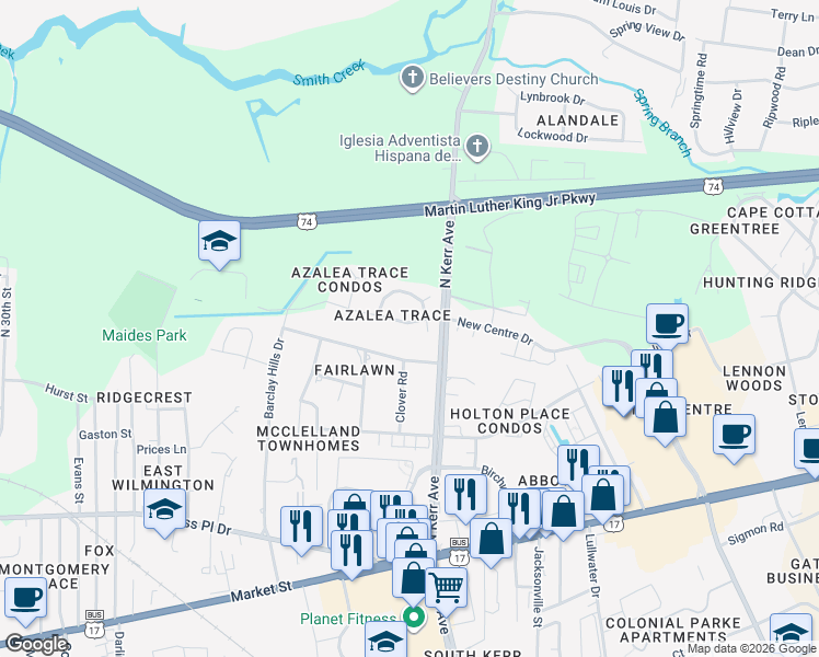 map of restaurants, bars, coffee shops, grocery stores, and more near 4252 Sunglow Drive in Wilmington