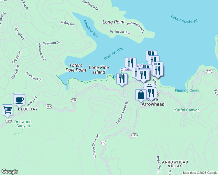 map of restaurants, bars, coffee shops, grocery stores, and more near 27844 Greenway Drive in Lake Arrowhead