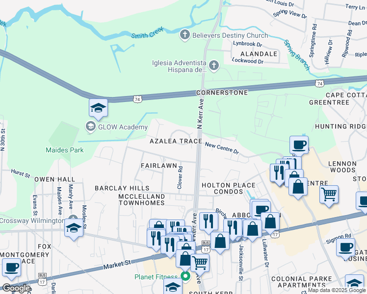 map of restaurants, bars, coffee shops, grocery stores, and more near 605 North Kerr Avenue in Wilmington