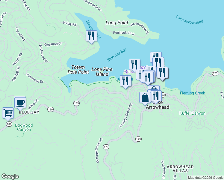 map of restaurants, bars, coffee shops, grocery stores, and more near 27844 Greenway Drive in Lake Arrowhead