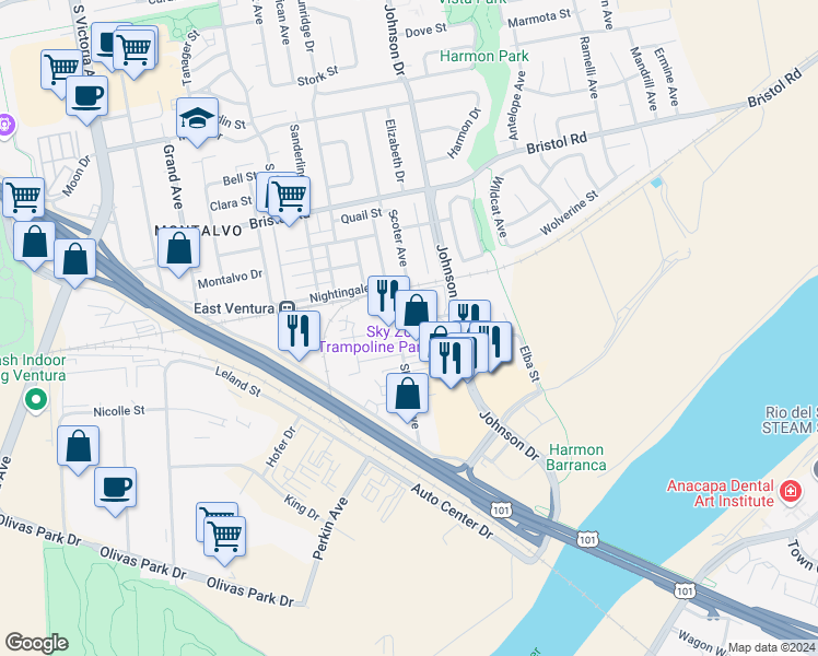 map of restaurants, bars, coffee shops, grocery stores, and more near in Ventura