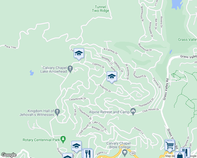 map of restaurants, bars, coffee shops, grocery stores, and more near 183 Chipmunk Drive in Lake Arrowhead