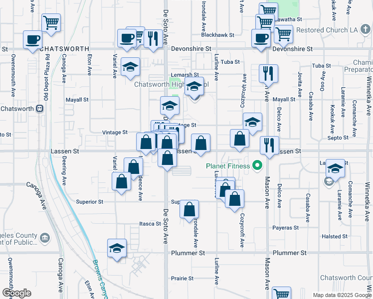 map of restaurants, bars, coffee shops, grocery stores, and more near 20800 Lassen St in Chatsworth