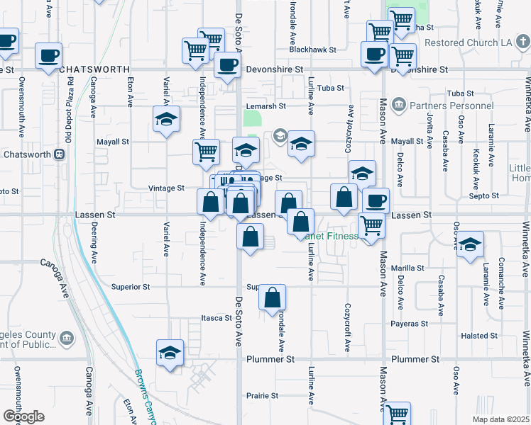 map of restaurants, bars, coffee shops, grocery stores, and more near 20800 Lassen St in Chatsworth