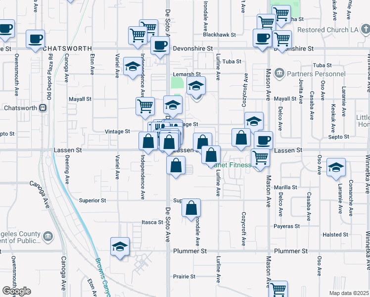 map of restaurants, bars, coffee shops, grocery stores, and more near 20800 Lassen St in Chatsworth