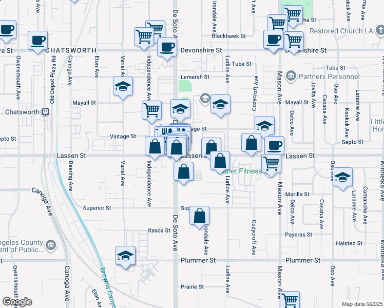 map of restaurants, bars, coffee shops, grocery stores, and more near 20800 Lassen St in Chatsworth