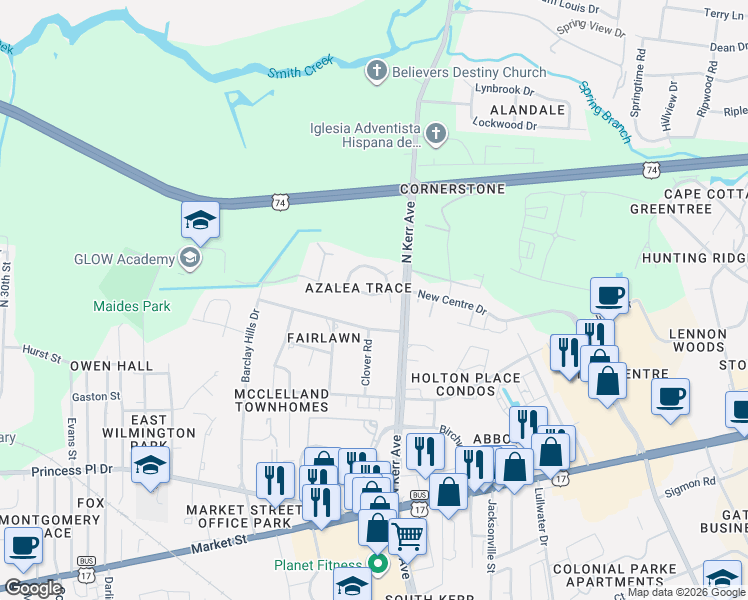 map of restaurants, bars, coffee shops, grocery stores, and more near 605 North Kerr Avenue in Wilmington