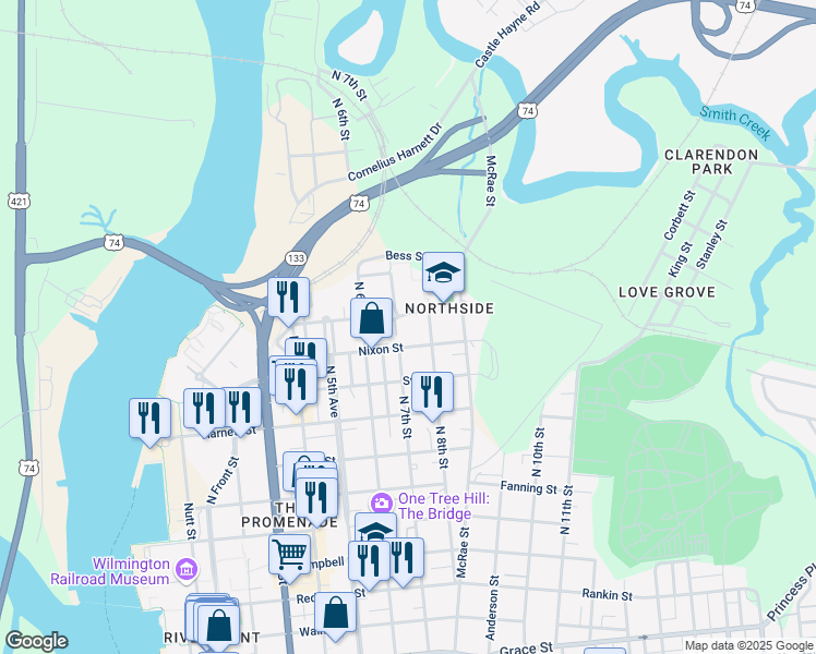 map of restaurants, bars, coffee shops, grocery stores, and more near 721 Nixon Street in Wilmington