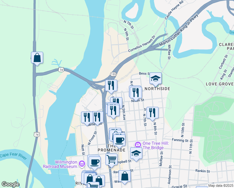 map of restaurants, bars, coffee shops, grocery stores, and more near 1200 North 4th Street in Wilmington