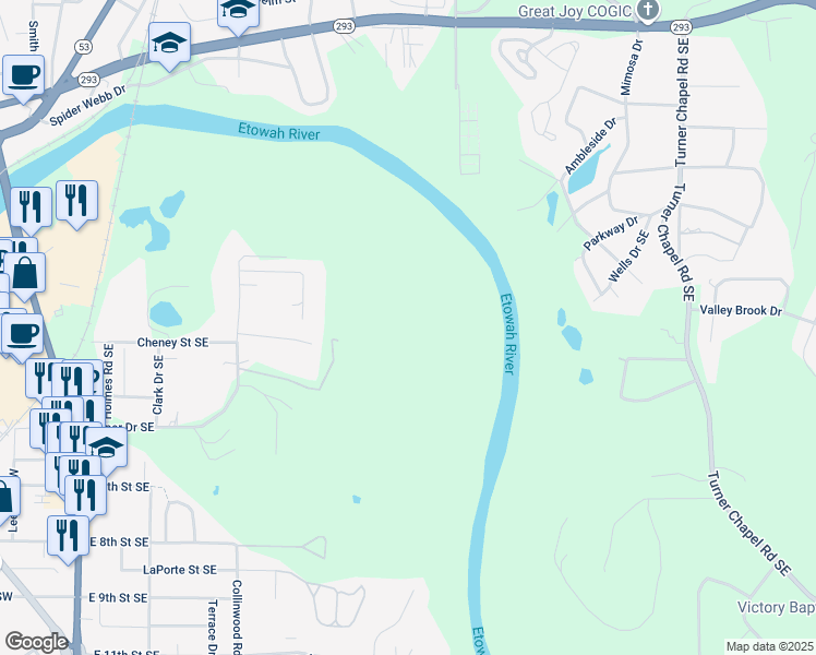 map of restaurants, bars, coffee shops, grocery stores, and more near 518 Cooper Drive Southeast in Rome