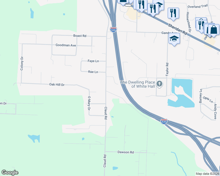 map of restaurants, bars, coffee shops, grocery stores, and more near 2220 Claud Road in White Hall