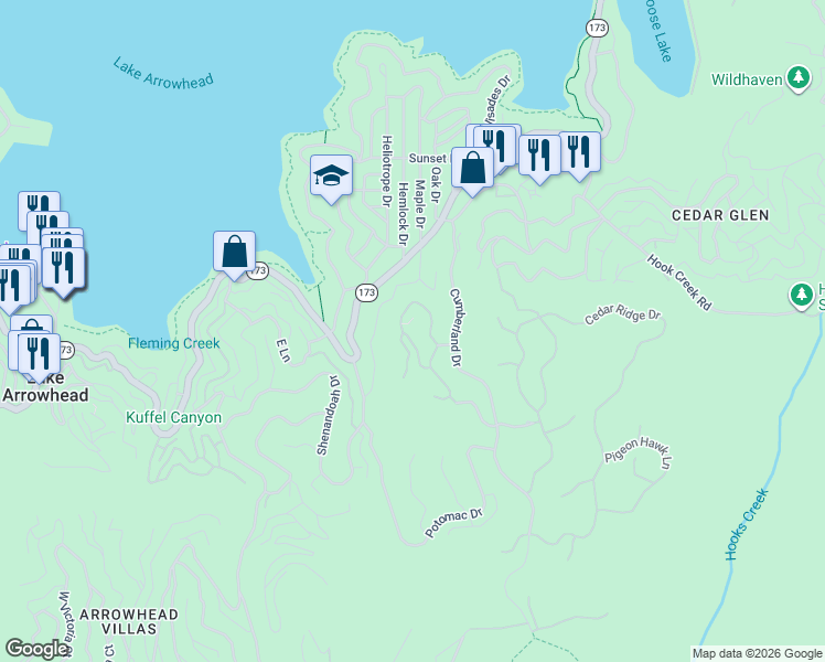 map of restaurants, bars, coffee shops, grocery stores, and more near 226 Hidden Forest Road in Lake Arrowhead