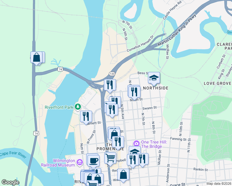 map of restaurants, bars, coffee shops, grocery stores, and more near 1200 North 4th Street in Wilmington