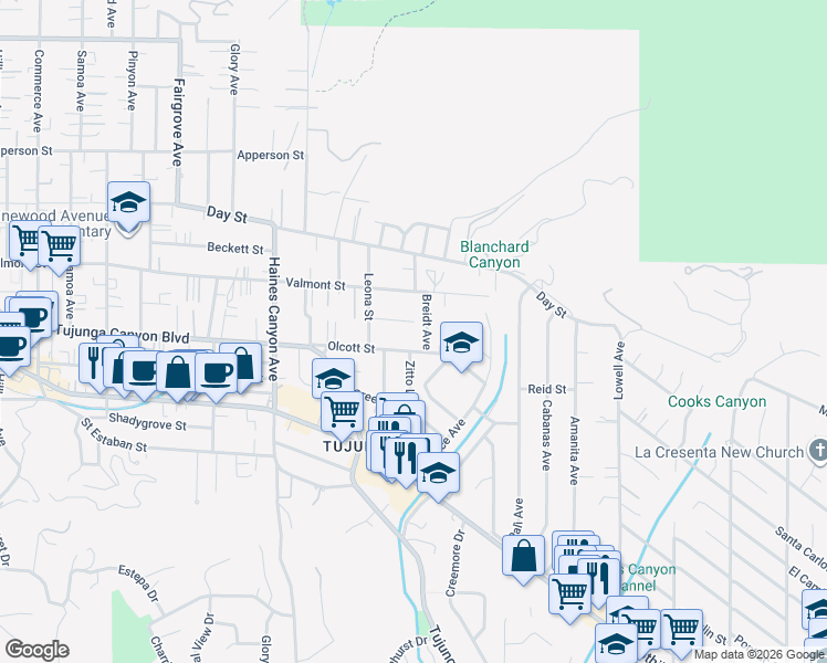 map of restaurants, bars, coffee shops, grocery stores, and more near 6449 Olcott Street in Los Angeles