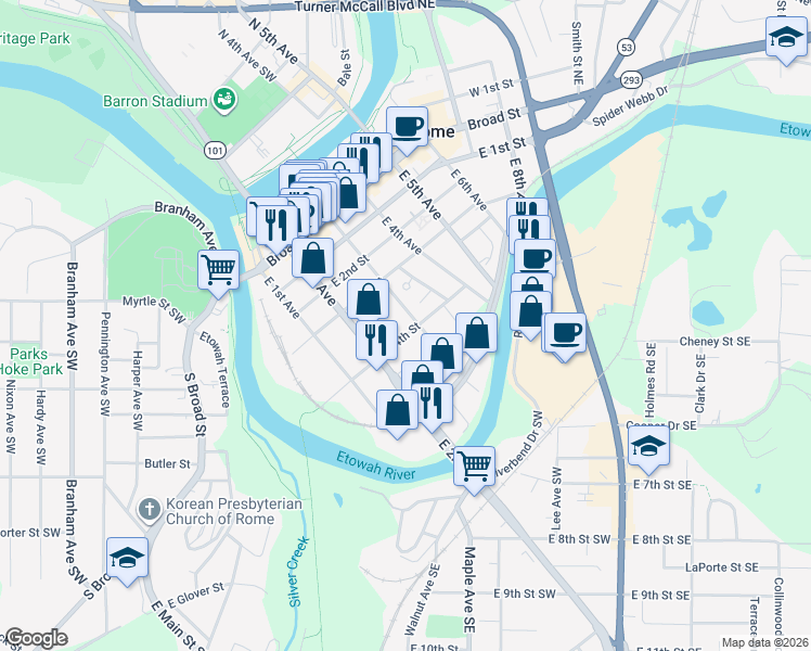 map of restaurants, bars, coffee shops, grocery stores, and more near 206 East 4th Street in Rome