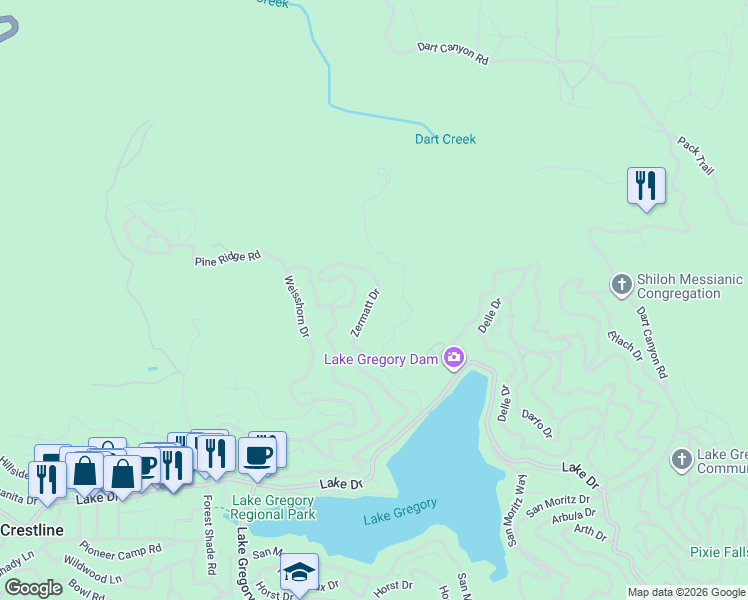 map of restaurants, bars, coffee shops, grocery stores, and more near 200 Zermatt Drive in Crestline