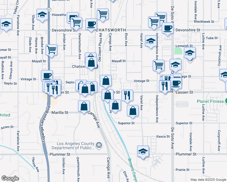 map of restaurants, bars, coffee shops, grocery stores, and more near 9833 Deering Avenue in Los Angeles