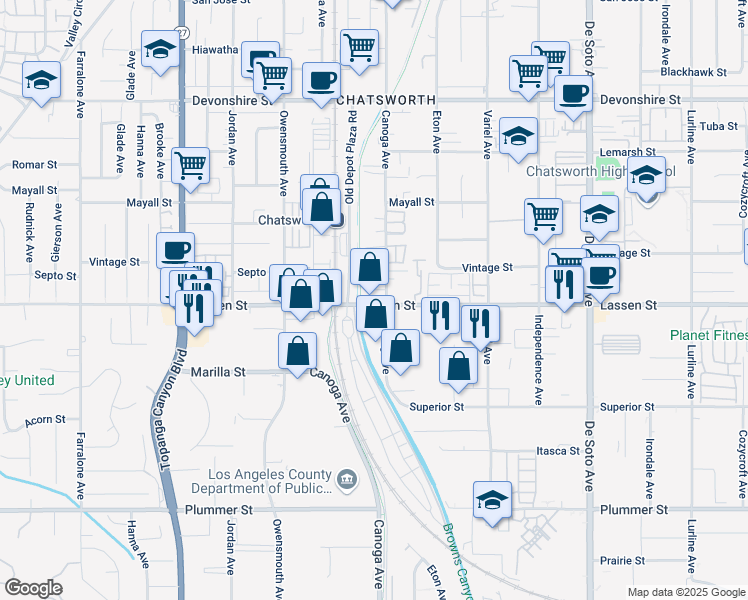 map of restaurants, bars, coffee shops, grocery stores, and more near 9833 Deering Avenue in Los Angeles