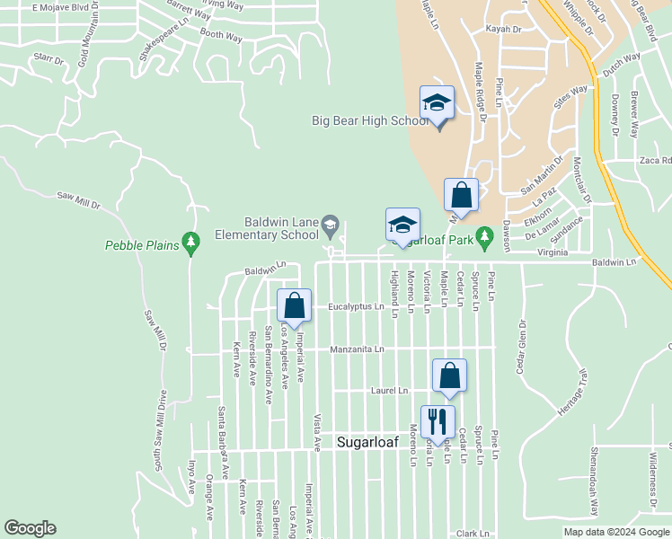 map of restaurants, bars, coffee shops, grocery stores, and more near 115 Sunset Lane in Big Bear