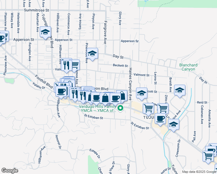 map of restaurants, bars, coffee shops, grocery stores, and more near 10042 Tujunga Canyon Boulevard in Los Angeles