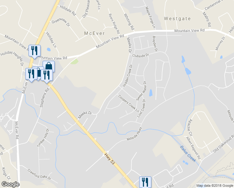 map of restaurants, bars, coffee shops, grocery stores, and more near 4816 Coopers Creek Lane in Gainesville