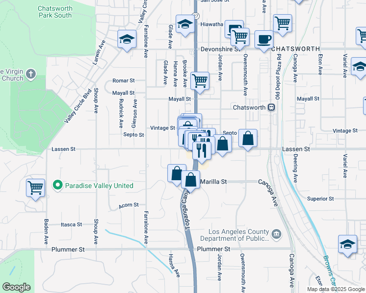 map of restaurants, bars, coffee shops, grocery stores, and more near 9852 Topanga Canyon Boulevard in Los Angeles