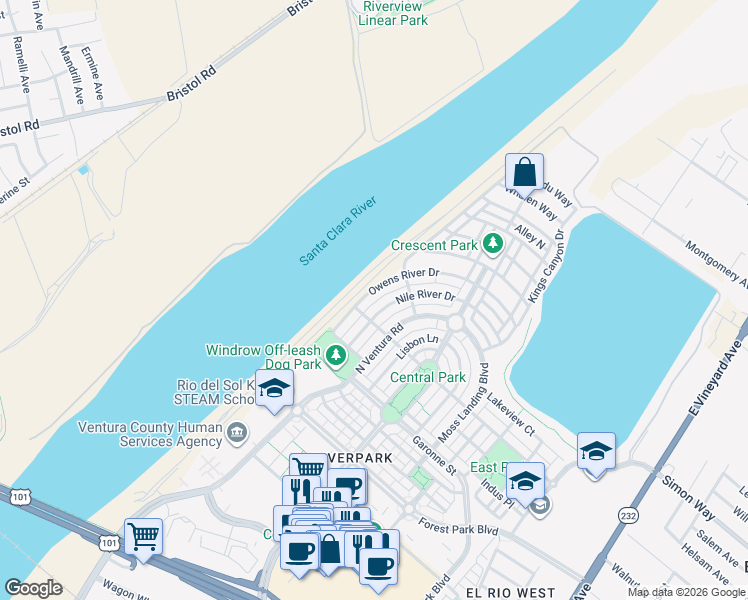 map of restaurants, bars, coffee shops, grocery stores, and more near 726 Owens River Drive in Oxnard