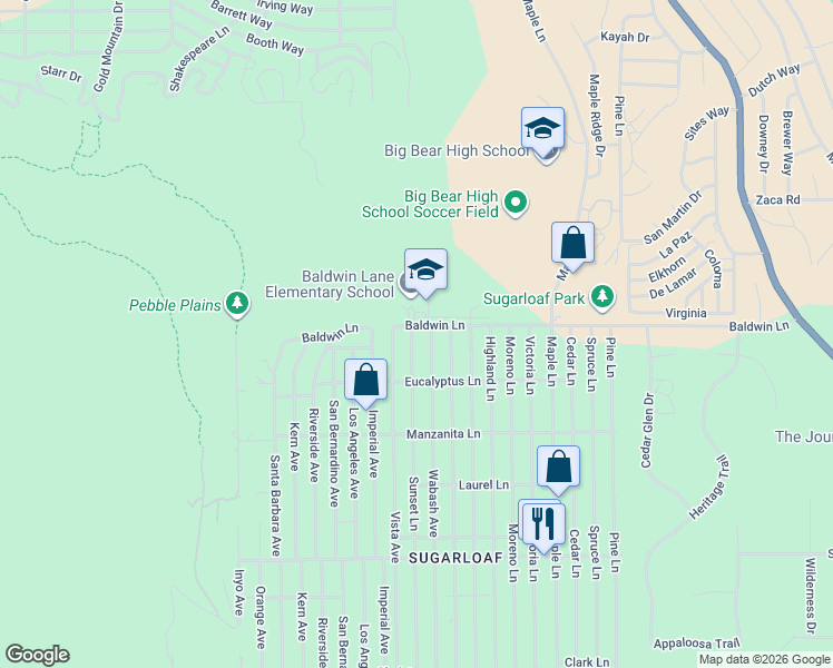 map of restaurants, bars, coffee shops, grocery stores, and more near 115 Sunset Lane in Big Bear