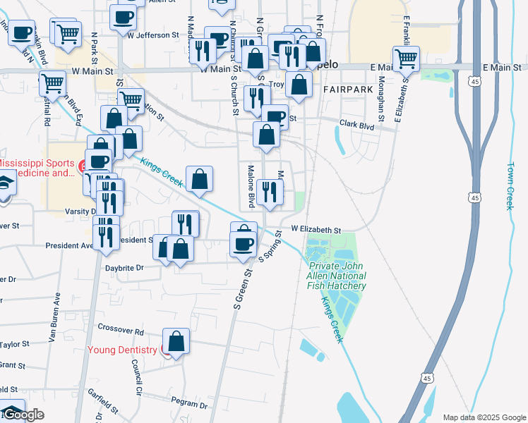 map of restaurants, bars, coffee shops, grocery stores, and more near 900 South Green Street in Tupelo