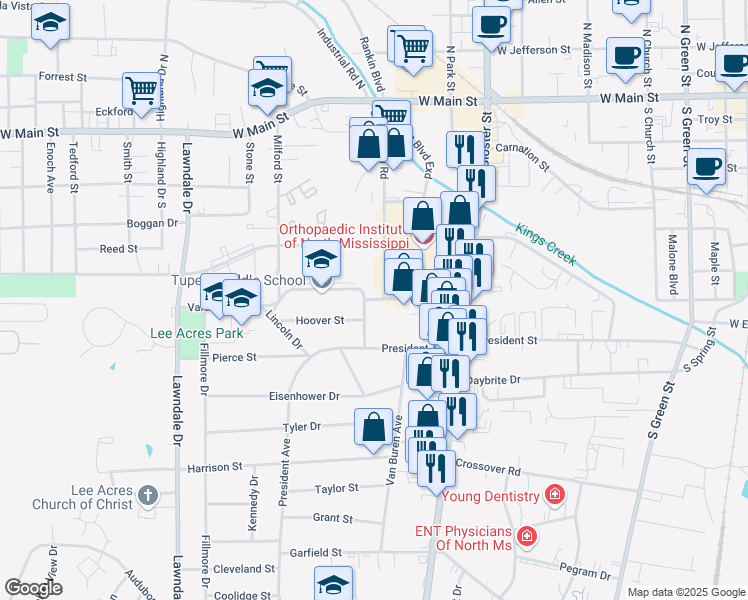 map of restaurants, bars, coffee shops, grocery stores, and more near 1009 Varsity Drive in Tupelo