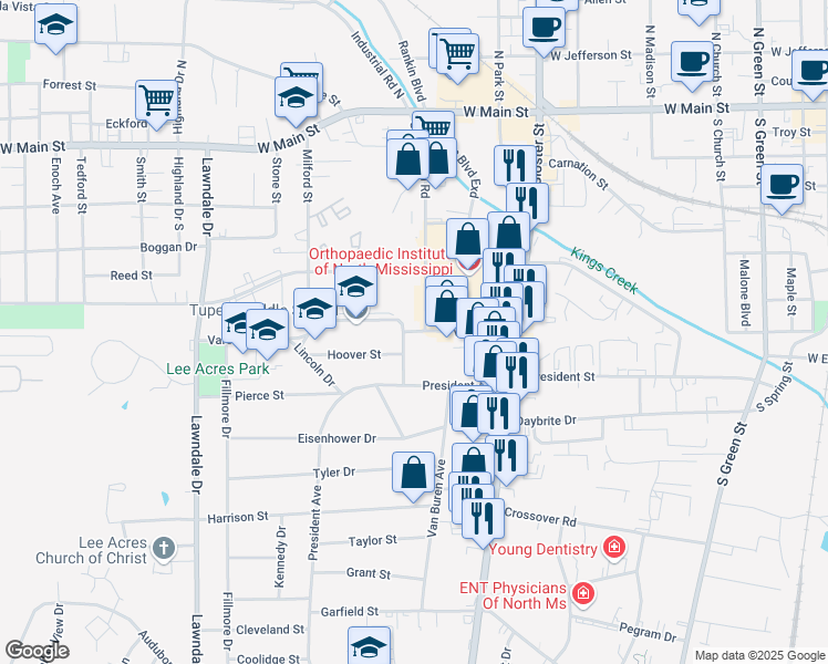 map of restaurants, bars, coffee shops, grocery stores, and more near 1009 Varsity Drive in Tupelo