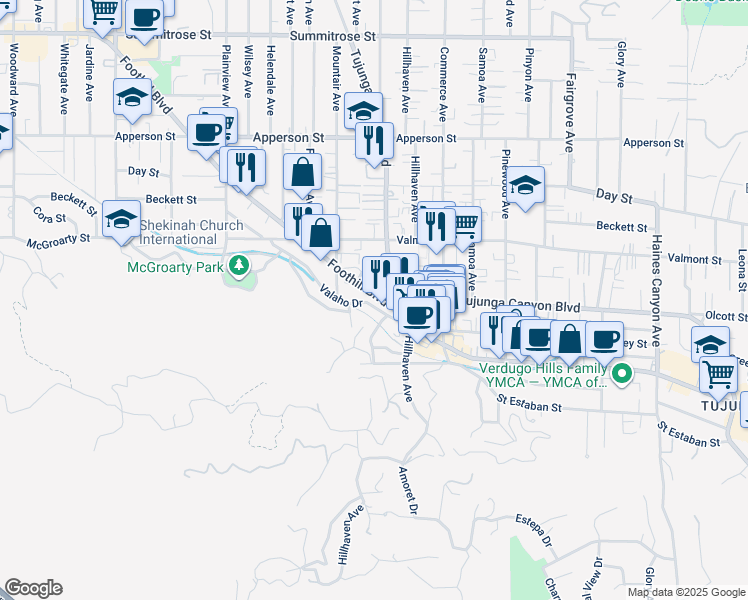 map of restaurants, bars, coffee shops, grocery stores, and more near 7310 Valaho Drive in Los Angeles