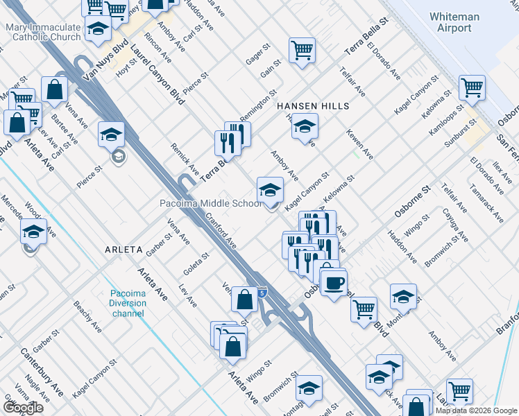 map of restaurants, bars, coffee shops, grocery stores, and more near 13322 Kagel Canyon Street in Los Angeles