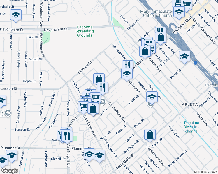 map of restaurants, bars, coffee shops, grocery stores, and more near 14282 Van Nuys Boulevard in Los Angeles