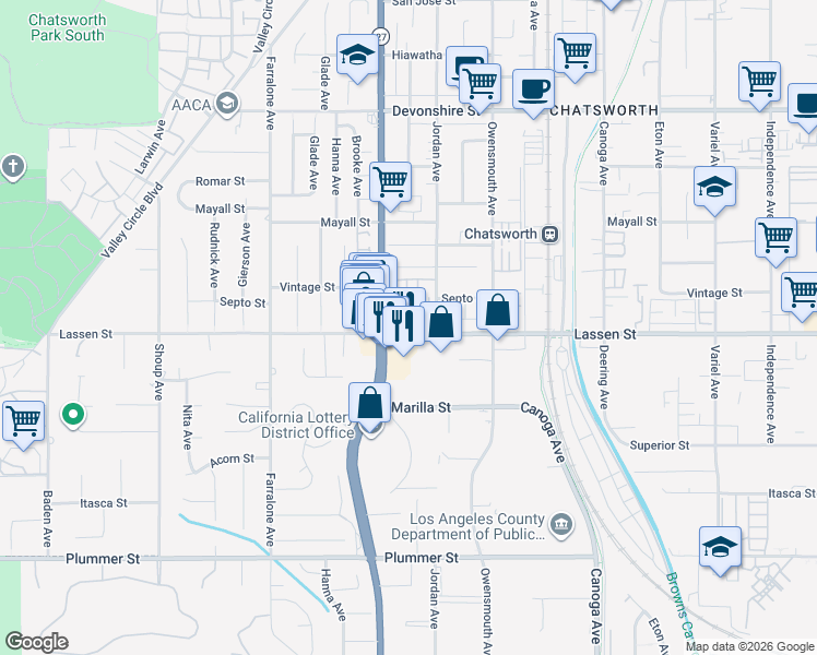 map of restaurants, bars, coffee shops, grocery stores, and more near 21902 Lassen Street in Los Angeles