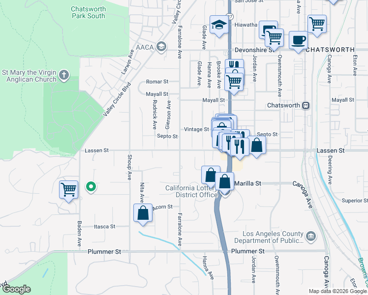 map of restaurants, bars, coffee shops, grocery stores, and more near 9849 Nevada Avenue in Los Angeles