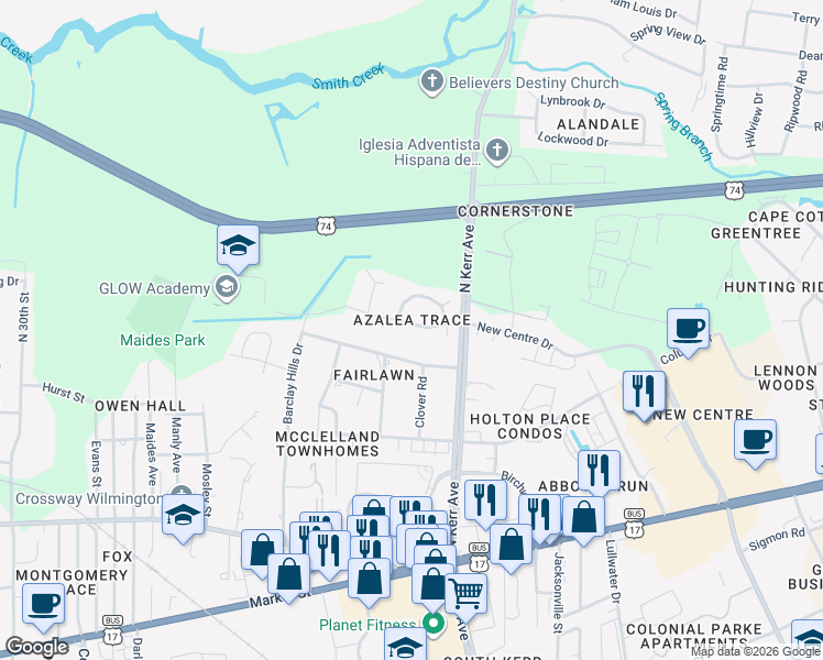 map of restaurants, bars, coffee shops, grocery stores, and more near 4309 Fairlawn Drive in Wilmington