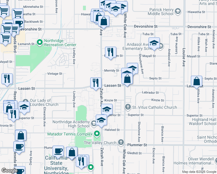 map of restaurants, bars, coffee shops, grocery stores, and more near 17830 Lassen Street in Los Angeles
