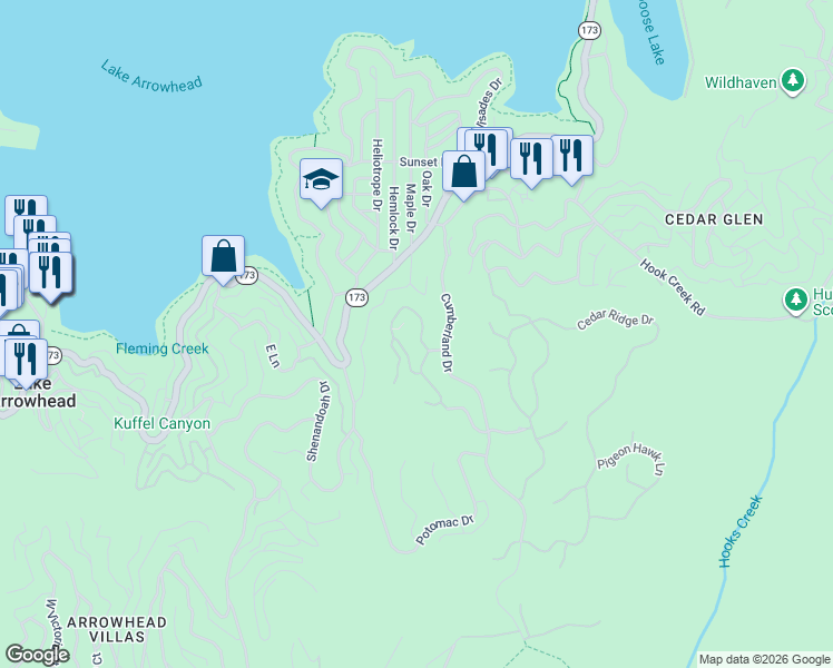 map of restaurants, bars, coffee shops, grocery stores, and more near 196 Mill Pond Road in Lake Arrowhead
