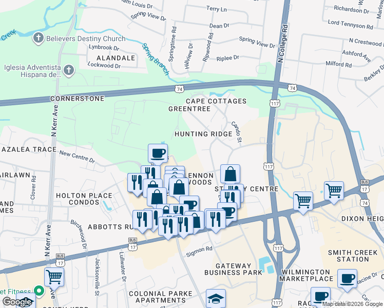 map of restaurants, bars, coffee shops, grocery stores, and more near 53 Lennon Drive in Wilmington