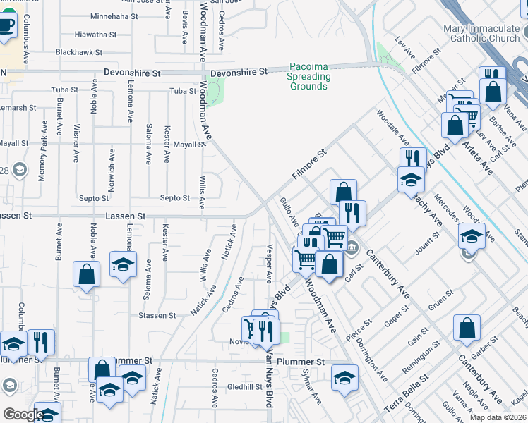 map of restaurants, bars, coffee shops, grocery stores, and more near in San Fernando