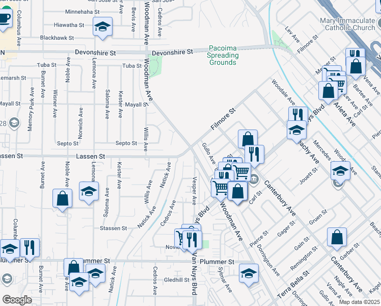 map of restaurants, bars, coffee shops, grocery stores, and more near 14601 Labrador Street in Los Angeles