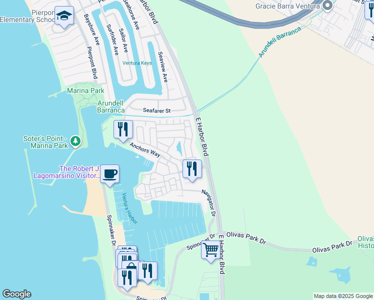 map of restaurants, bars, coffee shops, grocery stores, and more near 1215 Anchors Way in Ventura