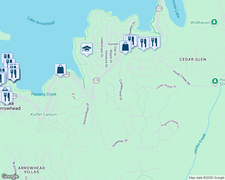 map of restaurants, bars, coffee shops, grocery stores, and more near 197 Mill Pond Road in Lake Arrowhead