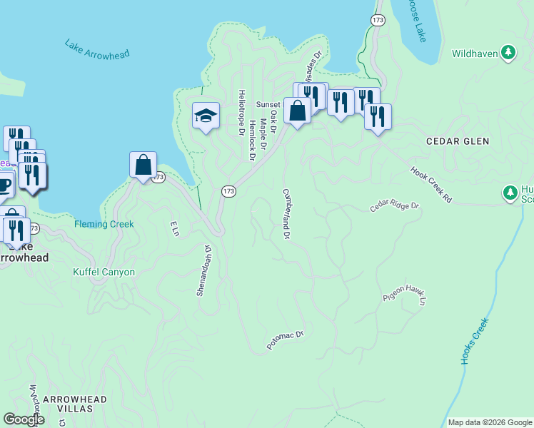 map of restaurants, bars, coffee shops, grocery stores, and more near 196 Mill Pond Road in Lake Arrowhead