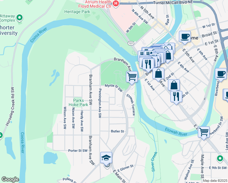 map of restaurants, bars, coffee shops, grocery stores, and more near 10 Klassing Street Southwest in Rome