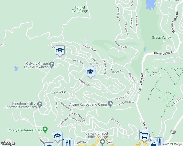 map of restaurants, bars, coffee shops, grocery stores, and more near 26333 Walnut Hills Drive in Lake Arrowhead